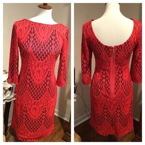 Leslie Fay Red Lace Over Navy Blue 3/4 Sleeve Dress